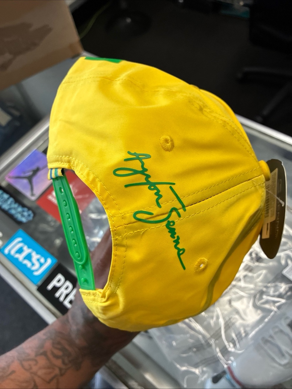 Ayrton Senna Debossed Logo Baseball Cap New NWT Rare OSFM Yellow - Picture 8 of 15
